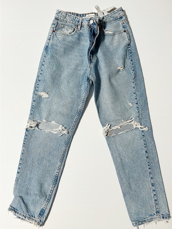 Zara Denim - Zara Women's Light Wash High-Rise Distressed Straight Leg Jeans